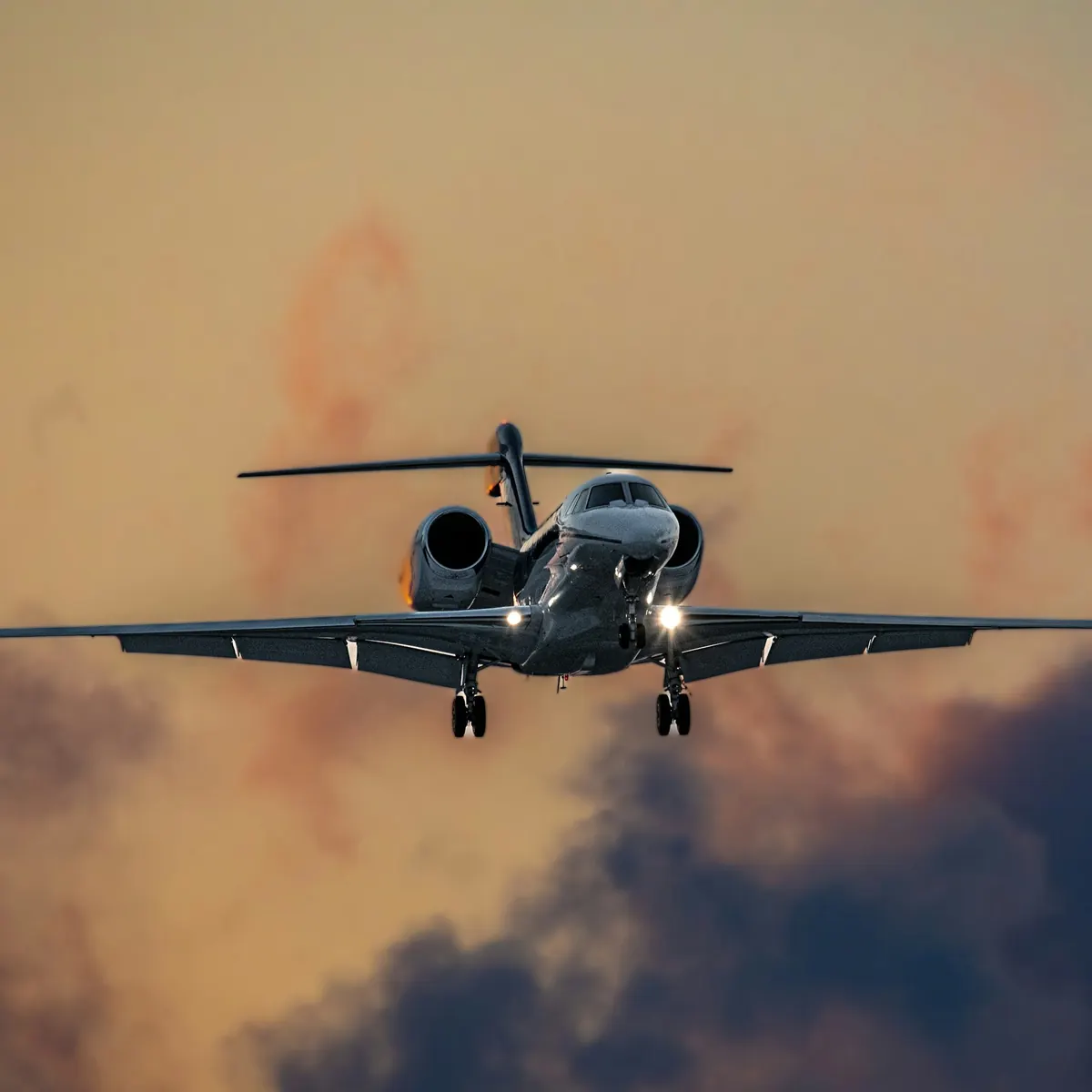 Jet approaching to land through pink evening clouds