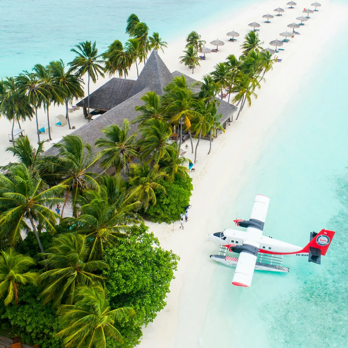 Seaplane pulled up on a white-sand island beach