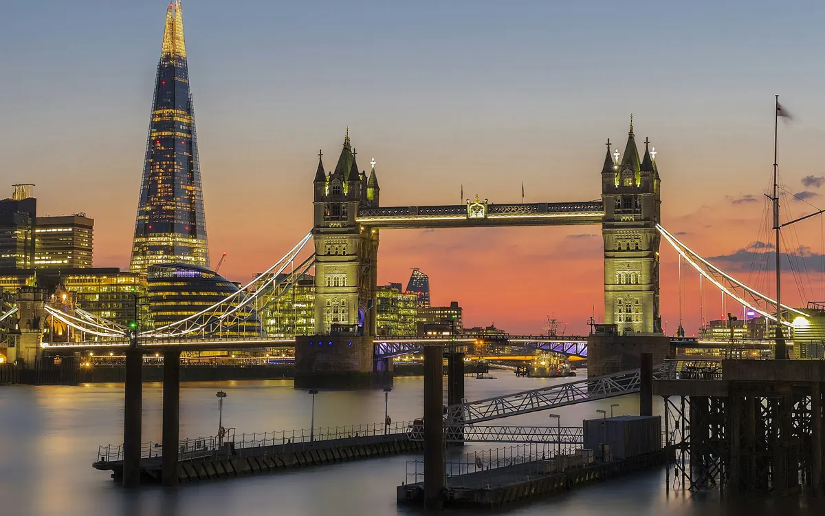 Tower Bridge and the City of London at dusk